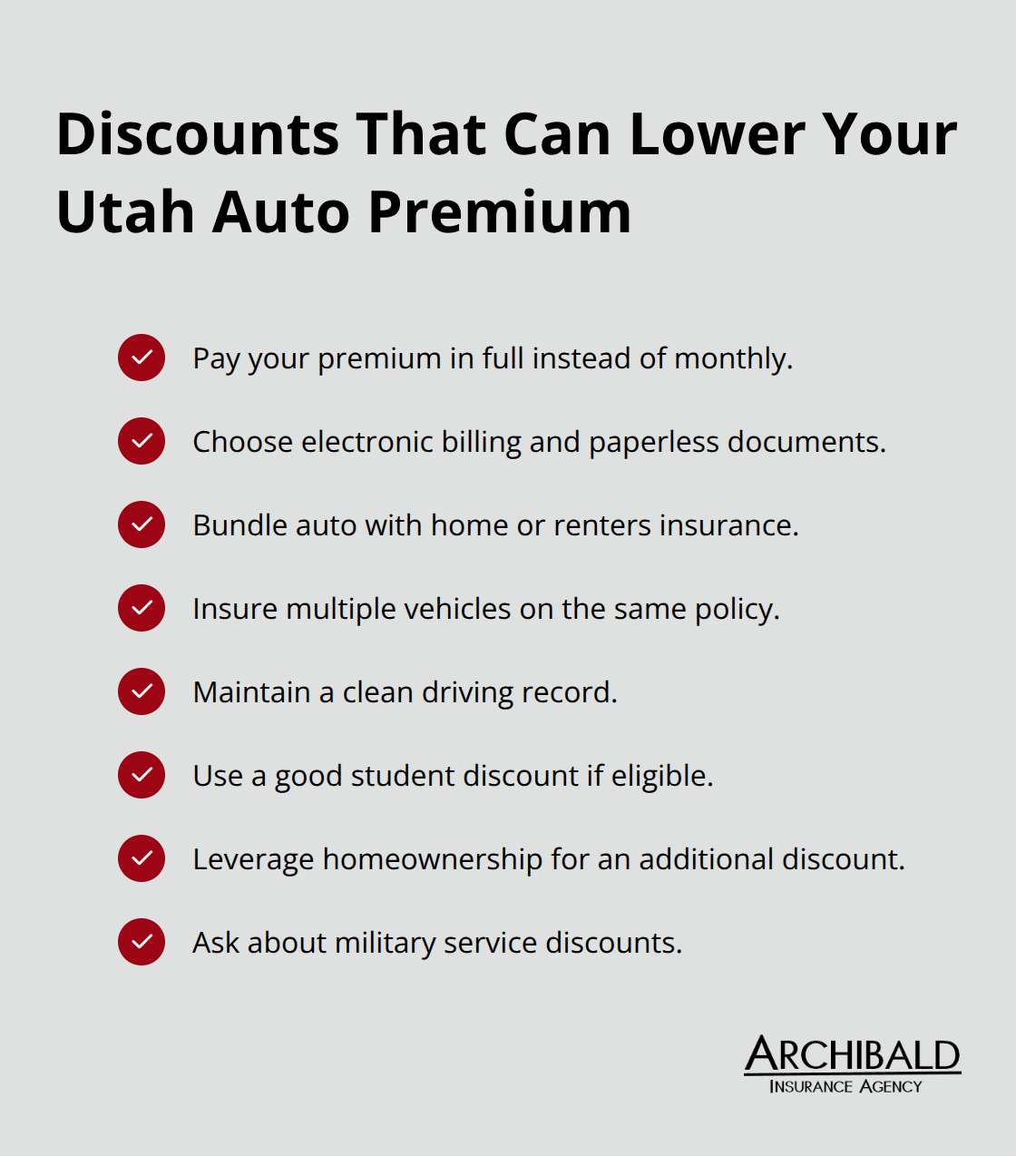 Checklist of common auto insurance discounts available in Utah. - Auto quotes for Utah