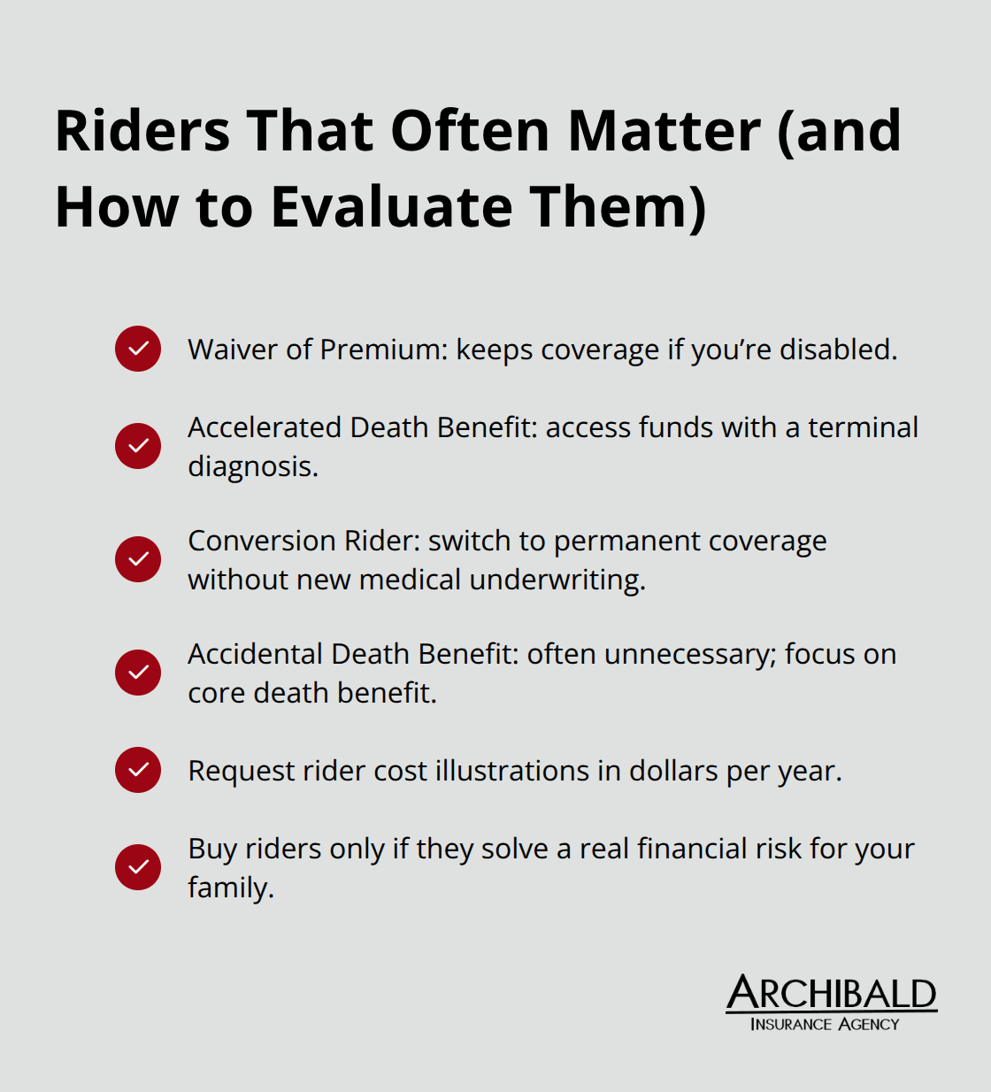 Checklist of life insurance riders to consider and how to judge their value - Compare life insurance Utah