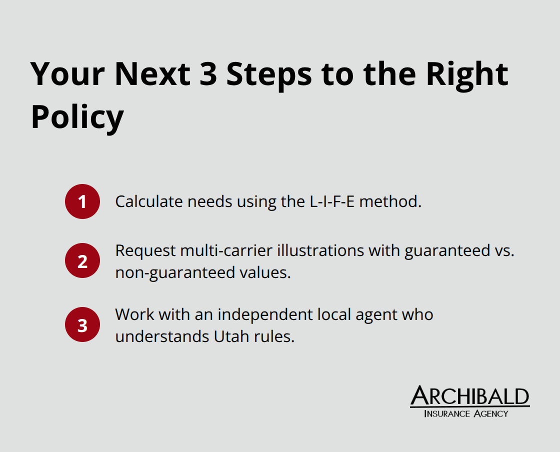 Three concrete actions: calculate needs, request illustrations, work with an independent local agent.