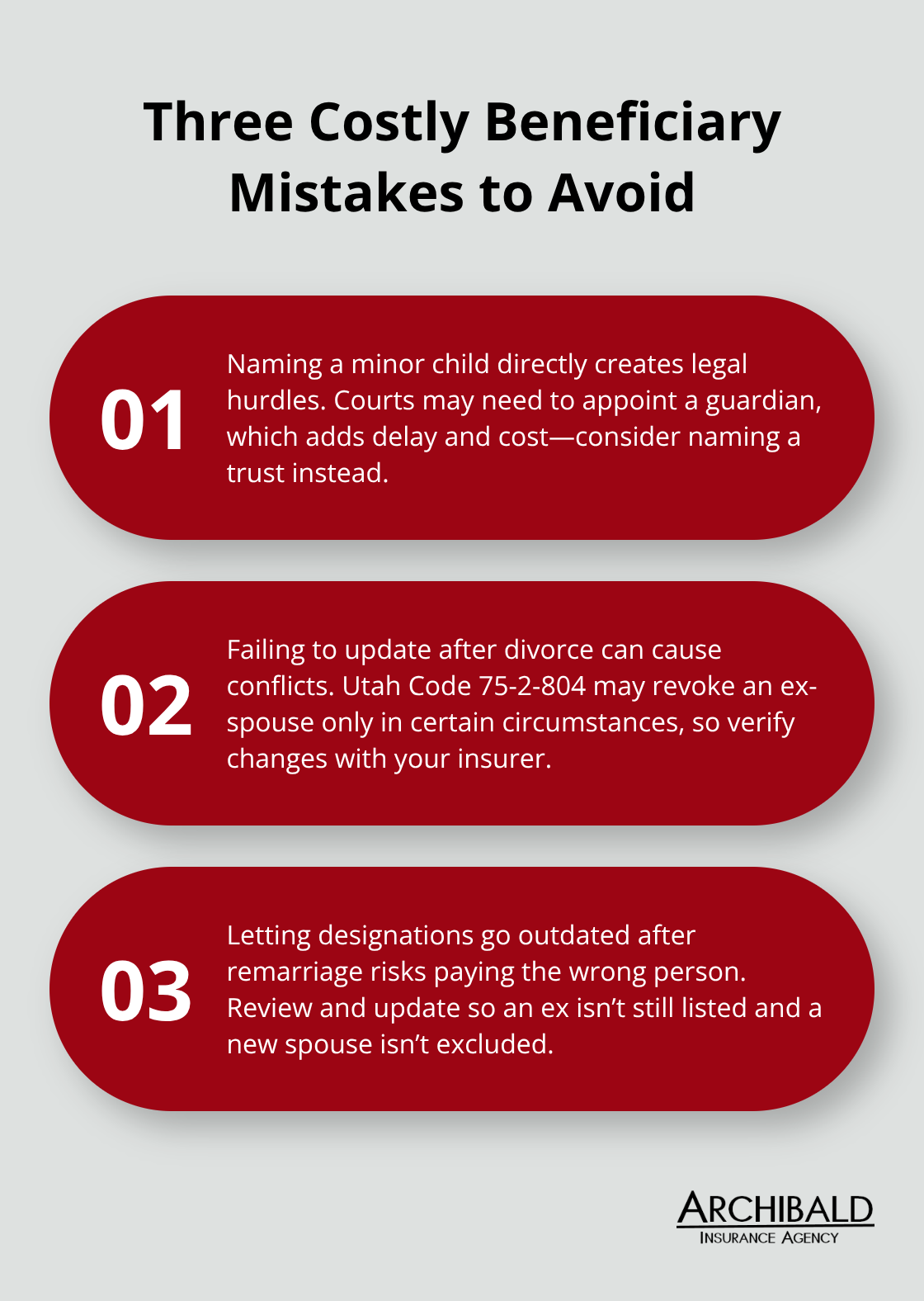 Stylized list of three common beneficiary mistakes and how to prevent them.