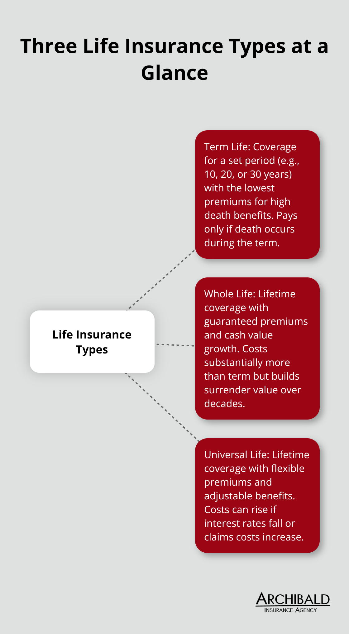 Diagram showing term, whole, and universal life insurance with key differences. - Life insurance options Utah
