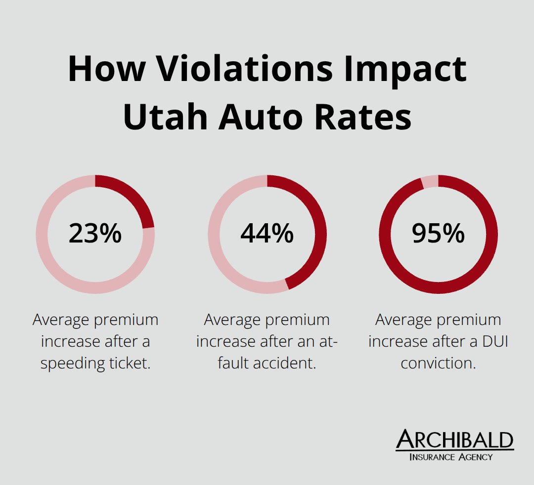 Percent increases from speeding, at-fault accidents, and DUIs versus a clean record in Utah - Low cost auto quotes