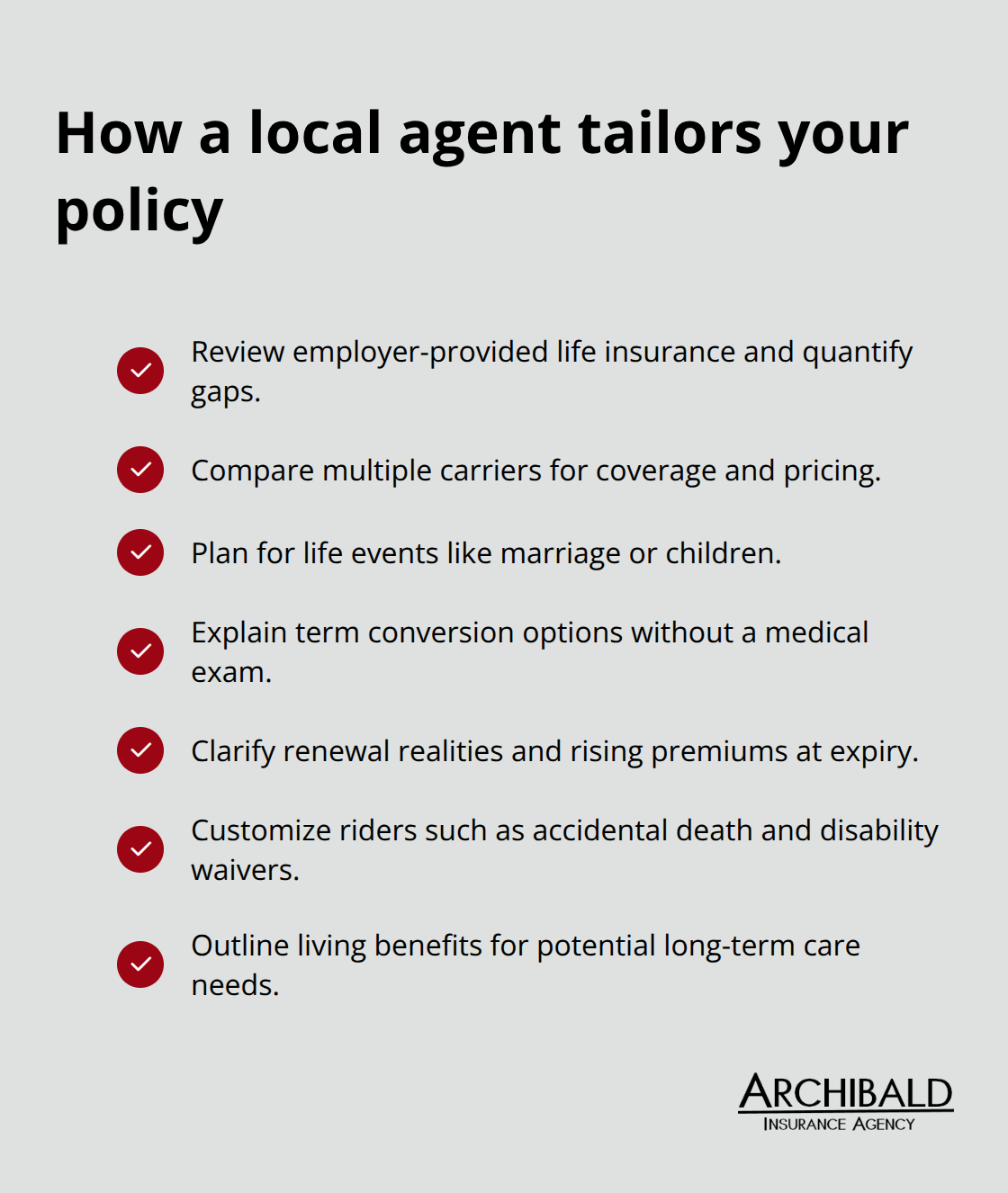 Checklist of ways an independent local agent personalizes life insurance in Salt Lake City.