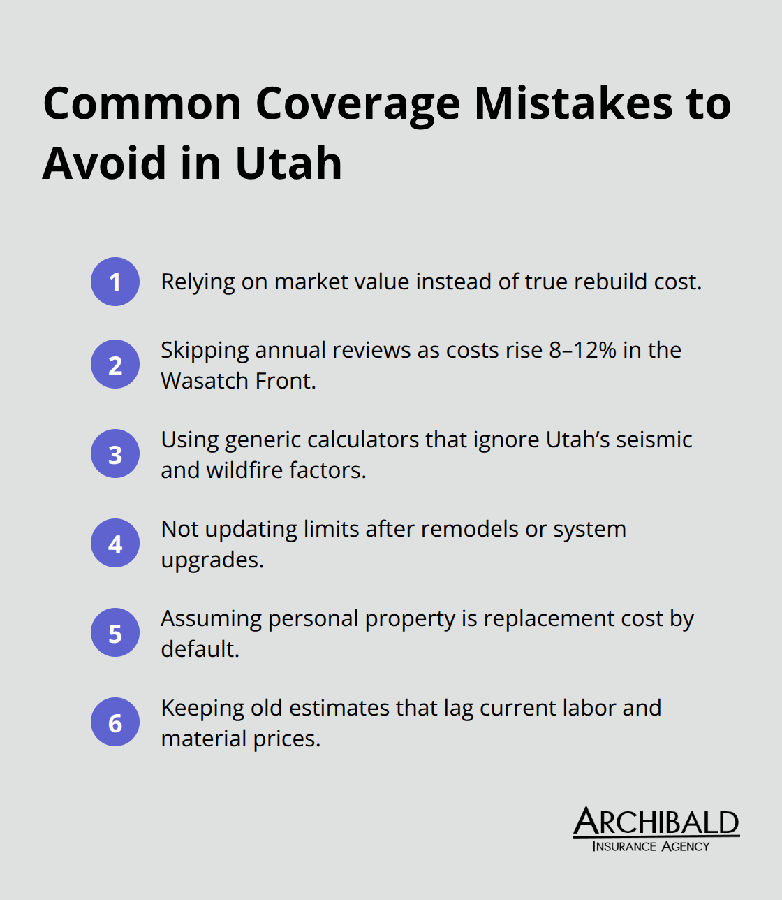 Compact list of the top mistakes Utah homeowners make with replacement cost coverage.