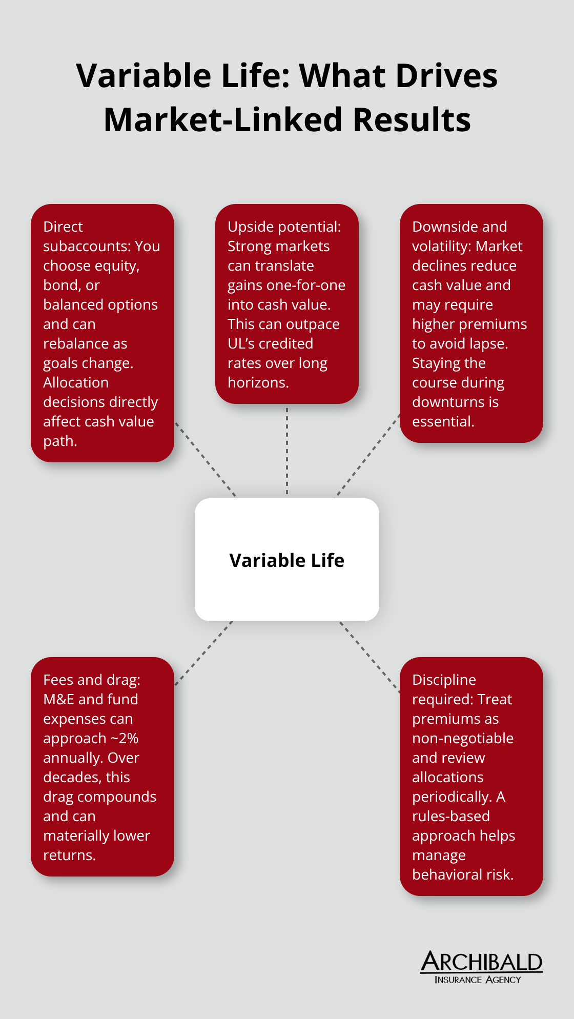 Hub and spoke diagram showing the key elements that influence variable life insurance outcomes. - universal and variable life insurance